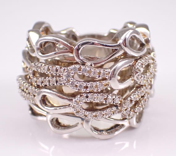 Sterling Silver Wide Sonia B Ring - Unique Large Cubic Zirconia Band - Estate Designer Fine Jewelry Gift