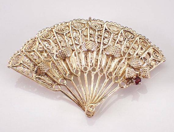 Vintage 14K Yellow Gold Folding Fan Brooch - Unique Large Estate Pin Pendant - 50s Antique Garnet Gemstone Jewelry Gift