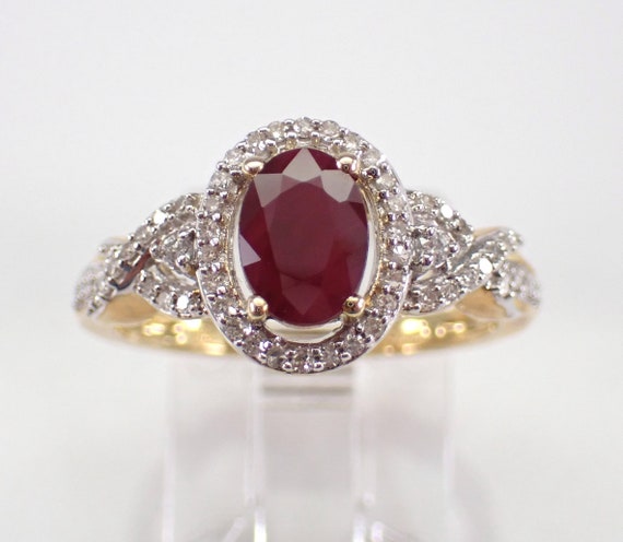 Ruby and Diamond Engagement Ring - Yellow Gold Gemstone Halo Setting - July Birthstone Fine Jewelry Gift
