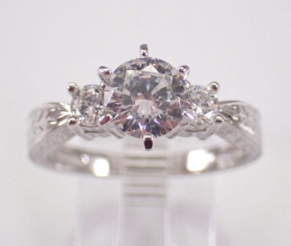 Vintage Sterling Silver Cubic Zirconia Engagement Ring, Three Stone Engraved CZ Band, Simple Bridal Promise Jewelry Gift