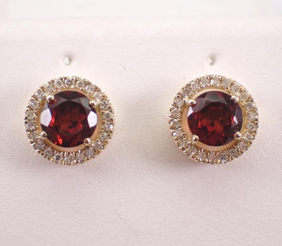 Yellow Gold Garnet and Diamond Stud Earrings: Simple Dainty Gemstone Halo Setting