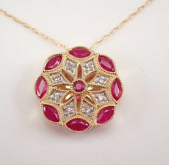 14K Yellow Gold Diamond and Ruby Halo Pendant Snowflake Necklace 18" Chain