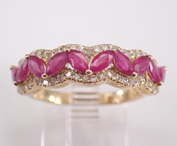Yellow Gold Ruby and Diamond Wedding Ring, Stackable Gemstone Anniversary Band