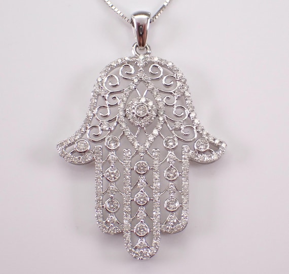 14K White Gold Diamond Hamsa Charm Necklace, Large Jewish Hand of God Pendant and Chain, Religious Chai Filigree Protection Gift