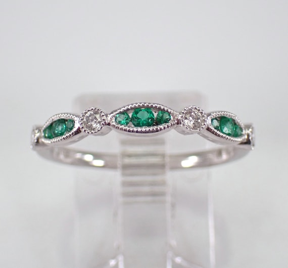 18K White Gold Emerald Wedding Ring - Dainty Diamond Bridal Setting - Half Eternity Anniversary Band - May Birthstone Gemstone Gift