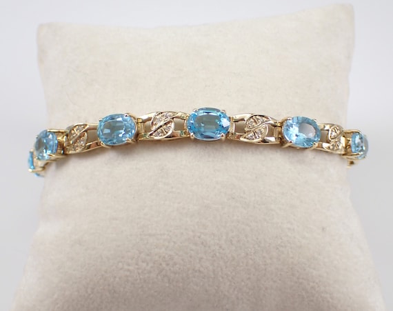 Blue Topaz and Diamond Tennis Bracelet, Unique 14K Yellow Gold Vintage Jewelry - December Gemstone Gift
