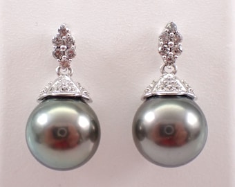 Black Tahitian Pearl Drop Earrings - 14K White Gold Diamond Dangle Setting - June Birthstone Fine Jewelry Gift