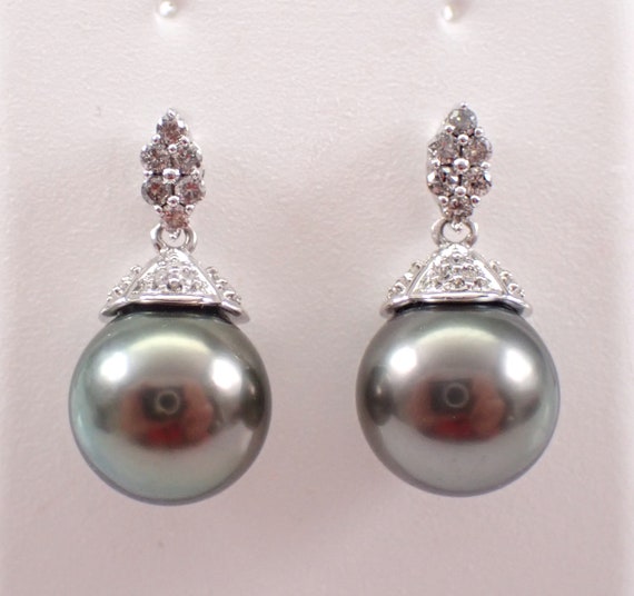 Black Tahitian Pearl Drop Earrings - 14K White Gold Diamond Dangle Setting - June Birthstone Fine Jewelry Gift