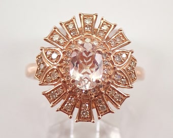 Morganite and Diamond Starburst Ring - Unique Rose Gold Fine Jewelry Gift - Pink Gemstone Christmas Present