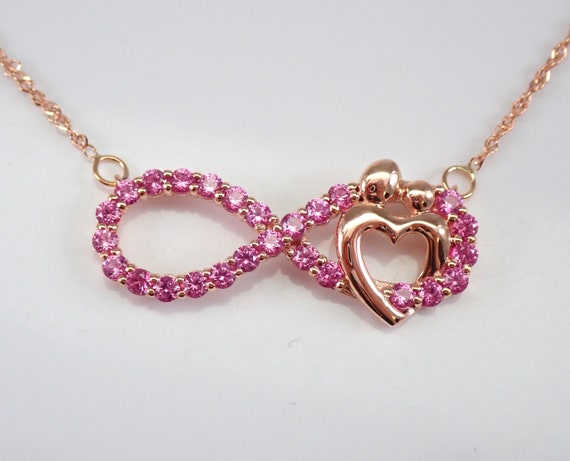 Rose Gold Pink Sapphire INFINITY Necklace Heart Mother and Child Chain 17"