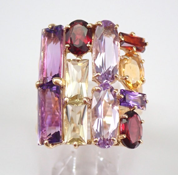 Large Multi Color Gemstone Ring, 14K Yellow Gold Amethyst and Garnet Band, Beryl and Citrine Cocktail Right Hand Ring