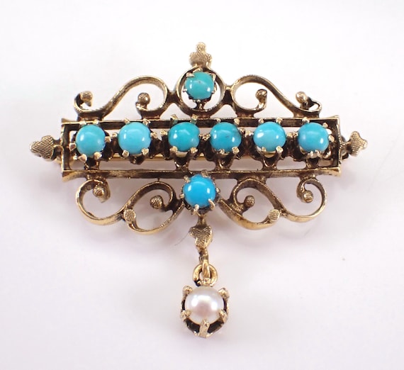 Vintage 14K Yellow Gold Turquoise Brooch - Unique Filigree Pearl Dangle Pin - Gemstone Birthstone Jewelry Gift