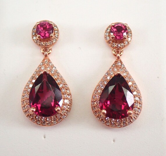 Rose Gold 2.95 ct Diamond and Rhodolite Garnet Halo Dangle Drop Earrings