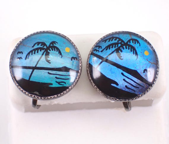 Vintage Sterling Silver Earrings, Thomas Mott Butterfly Wing Non Pierced Screwback Clip On, Hand Painted Tropical Jewelry Gift