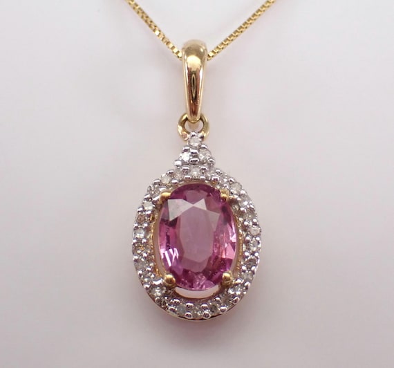 Pink Sapphire and Diamond Pendant and Chain - Dainty Yellow Gold Dangle Charm Necklace - Elegant Gemstone Fine Jewelry Gift