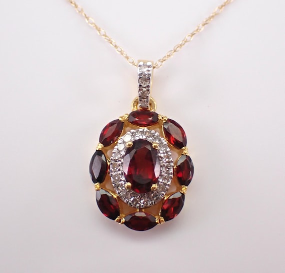 Yellow Gold Garnet Pendant and Chain - Gemstone and Diamond Charm Necklace - January Birthstone Jewelry Gift