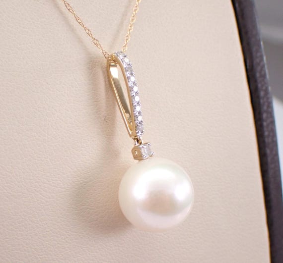 14K Yellow Gold Pearl Pendant and Chain - Diamond Accent Charm Necklace - June Gemstone Wedding Jewelry Gift