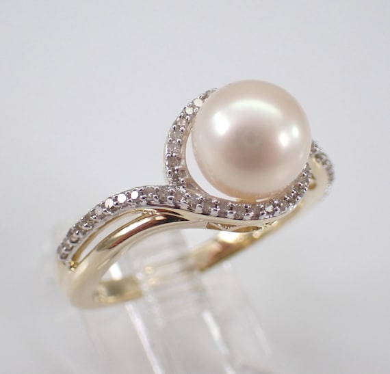 Pearl and Diamond Engagement Ring - Yellow Gold Dainty Bridal Setting - June Birthstone Fine Jewelry Gift