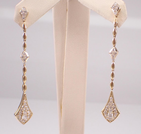 14K Yellow Gold Diamond Tennis Earrings: Teardrop Long Dangle Chandelier Setting