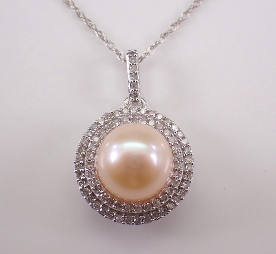 Pearl and Diamond Halo Pendant and Chain - White Gold Gemstone Charm Necklace