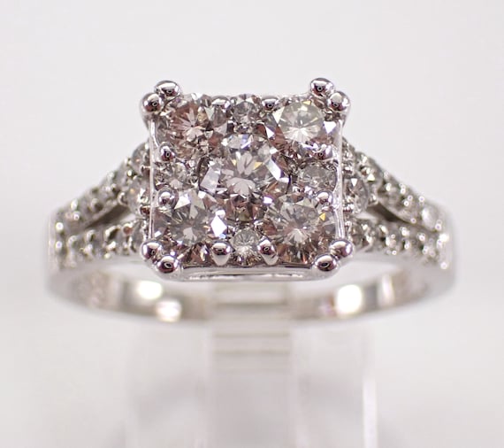 14K White Gold Diamond Cluster Ring - Simple Engagement Promise Gift - Unique Square Bridal Jewelry