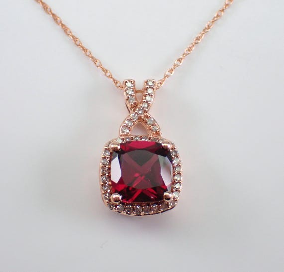 Rose Gold Garnet Charm Necklace - Diamond Halo Pendant and Chain - January Gemstone Fine Jewelry Gift