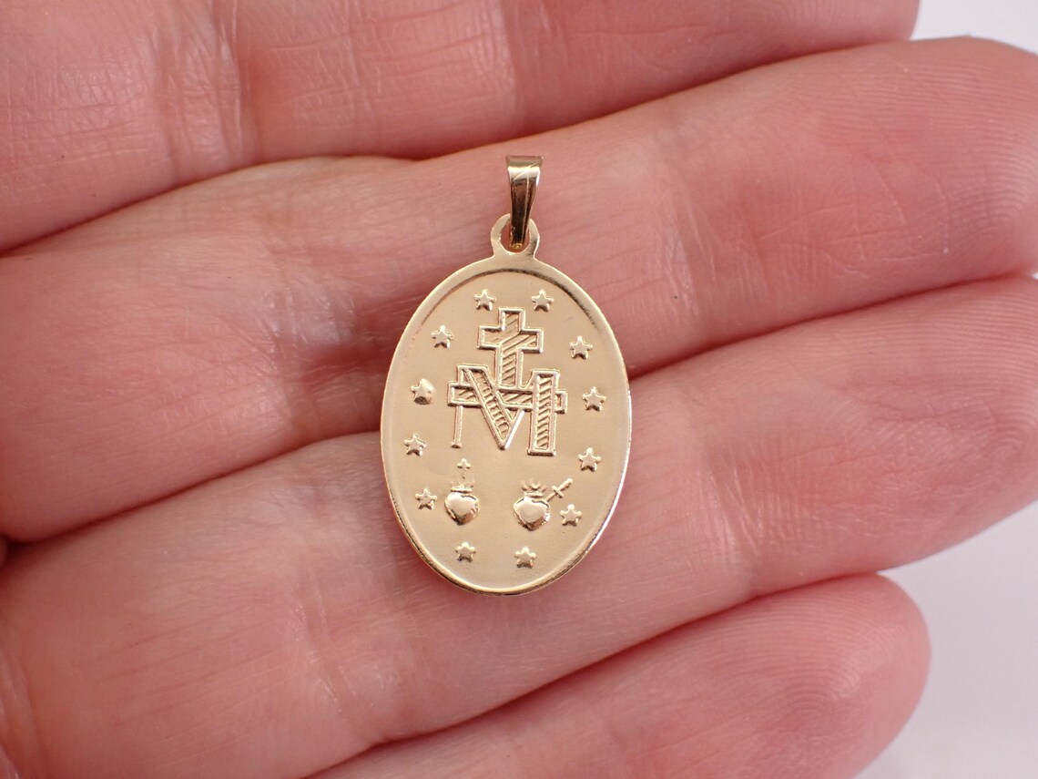 Vintage 14K Yellow Gold Miraculous Medal Charm - Religious Virgin Mary ...