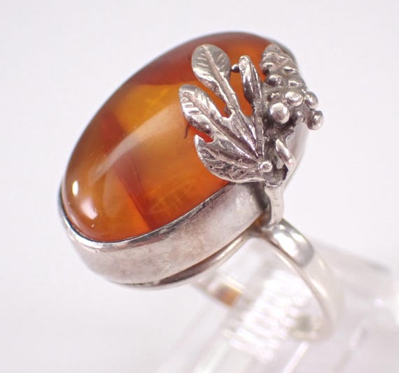 Vintage Sterling Silver Baltic Amber Ring: Unique Estate Solitaire Fossil Gemstone Band