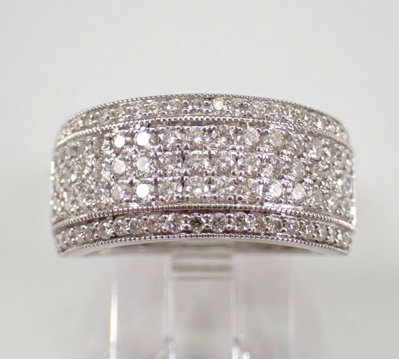 1 ct Diamond Wedding Ring - Wide White Gold Anniversary Band - Cocktail Cluster Right Hand Ring for Her