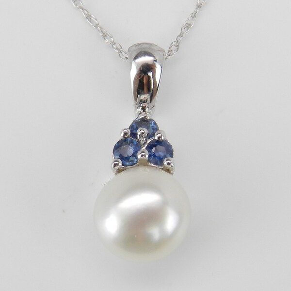 Pearl and Sapphire Pendant Necklace White Gold Chain 18" June Birthstone