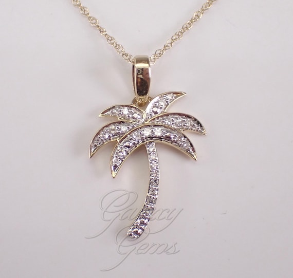 Diamond Palm Tree Pendant and Chain, Unique Yellow Gold Choker Charm Necklace
