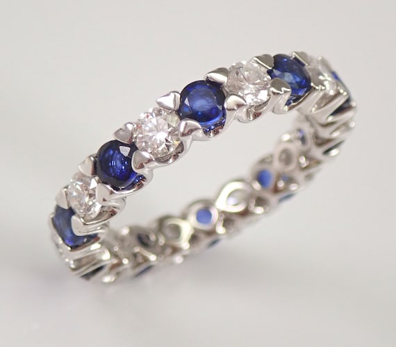 Diamond and Sapphire Eternity Ring - 18K White Gold Bridal Wedding Band - Anniversary Jewelry Gift