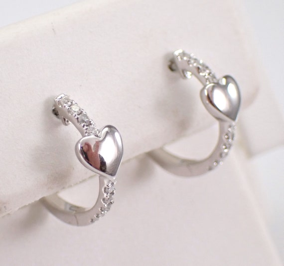 White or Yellow Gold Mini Diamond Huggie Earrings - Genuine Little Heart Hoops - Unique Dainty Jewelry Gift