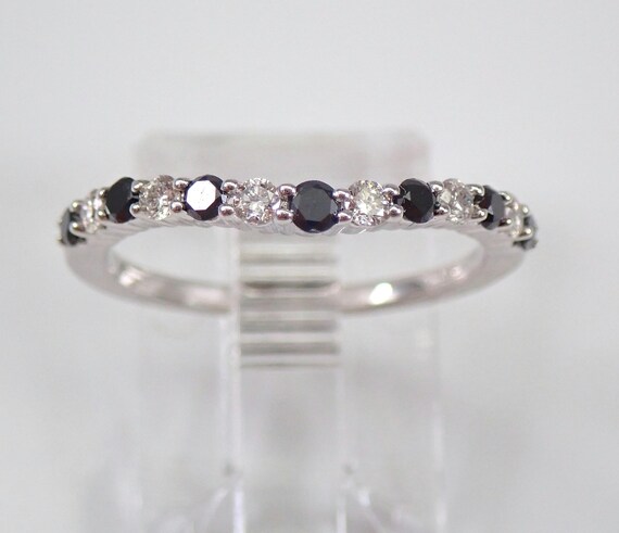 Black Diamond Chevron Wedding Ring - 14K White Gold Unique Fine Jewelry Gift - Dainty Stackable Right Hand Ring