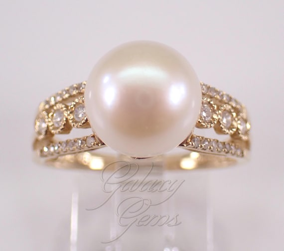 14K Yellow Gold Pearl and Diamond Ring: Simple Multi Row Engagement Setting Band
