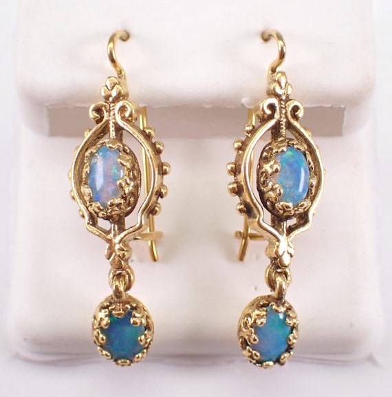 Antique 14K Yellow Gold Opal Earrings: Vintage Gemstone Kidney Wire Dangles