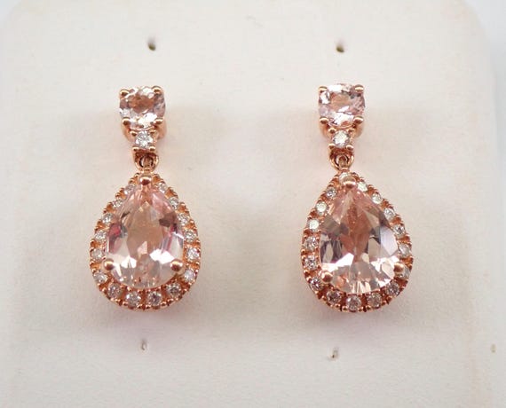 Petite Morganite Dangle Earrings - Rose Gold Diamond Halo Setting - Unique Dainty Gemstone Fine Jewelry