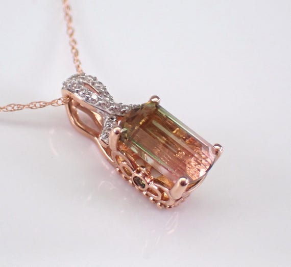 Watermelon Tourmaline Charm Pendant - Rose Gold Emerald Cut Gemstone Necklace - Unique GalaxyGems Fine Jewelry Gift