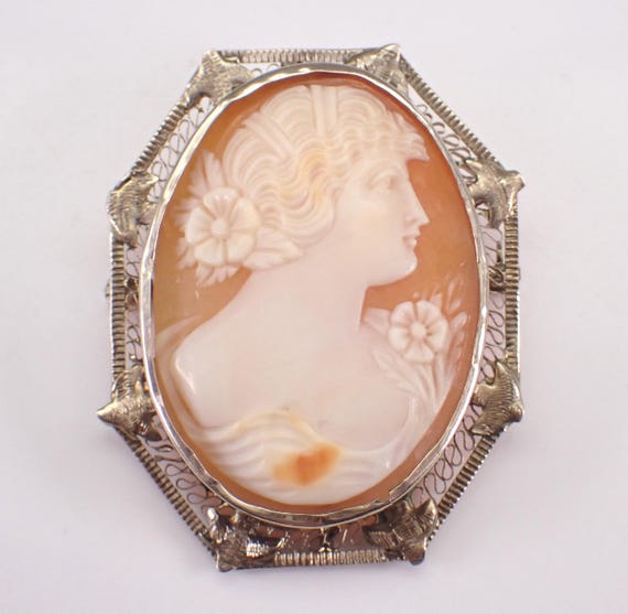 Antique 14K White Gold Cameo Brooch, Vintage Filigree Charm Pendant Slide