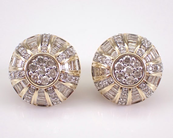 Yellow Gold Baguette Diamond Stud Earrings - Round Dome Button Cluster Studs - Unique Fine Jewelry Gift