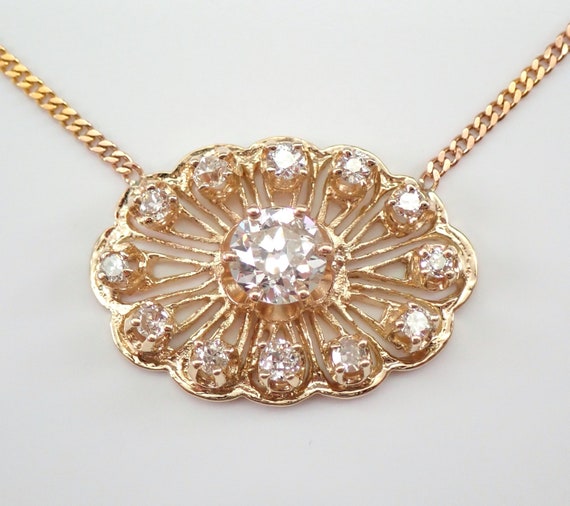 14K Yellow Gold Antique Diamond Necklace, Vintage Old Miner Station Choker, Unique Brooch made into Pendant with Curb Chain