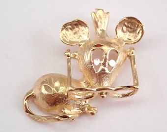 Vintage Solid 14K Yellow Gold MOUSE Charm, Smart Mouse with Glasses Pendant Charm, Adorable Birthday Gift for Her