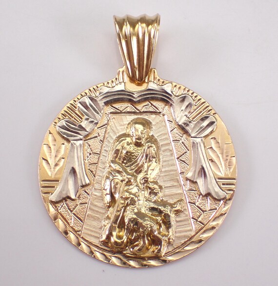 Vintage 18K Yellow Gold Saint Lazarus Charm, Religious Miraculous Medal Pendant, Antique Cross Prayer Jewelry for Necklace