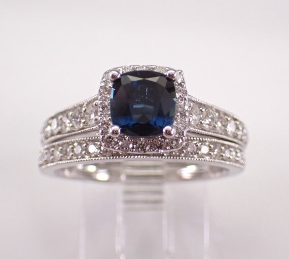 Sapphire and Diamond Engagement and Wedding Ring - 14K White Gold Bridal Cushion Cut Setting - September Gemstone Anniversary Jewelry Gift