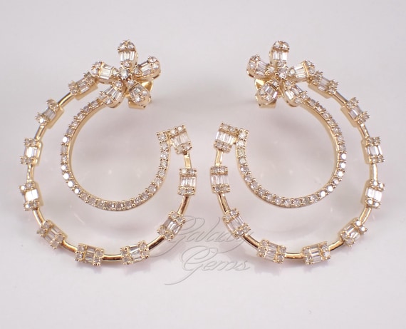 14K Yellow Gold Diamond Earrings, Unique Large Baguette Wraparound Modern Design