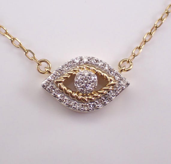 Yellow Gold Evil Eye Charm Necklace, Diamond Pendant and Chain, Dainty Station Good Luck Jewelry Gift
