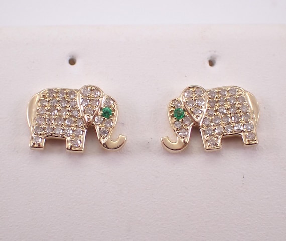 Diamond Elephant Stud Earrings - Yellow Gold Pave Screwback Studs - Dainty Good Luck Fine Jewelry Gift