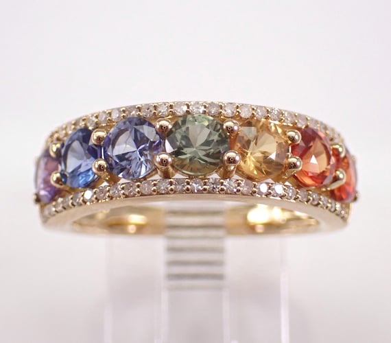 Multi Color Sapphire and Diamond Band - 14K Yellow Gold Stackable Wedding Ring - Colorful Anniversary Fine Jewelry Gift