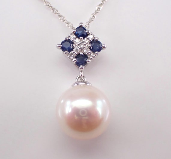 White Gold Pearl and Sapphire Necklace - Diamond Dangle Charm Pendant with Chain - June Birthstone Bridal Jewelry Gift