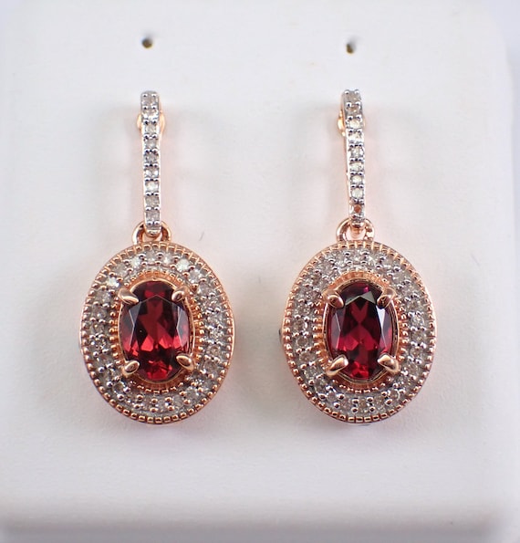 Rhodolite Garnet Dangle Earrings - Rose Gold Diamond Halo Setting - January Birthstone Fine Jewelry Gift